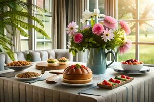 a table with cakes, fruit and flowers on it. AI-Generated photo