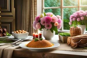 a table with food and flowers on it. AI-Generated photo