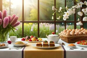 un mesa con comida y flores en frente de un ventana. generado por ai foto