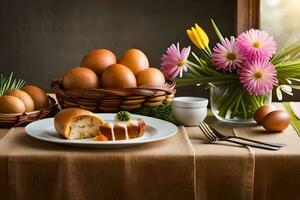a table with a basket of eggs, a cake and flowers. AI-Generated photo