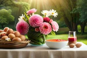 a table with eggs, flowers and a basket of fruit. AI-Generated photo