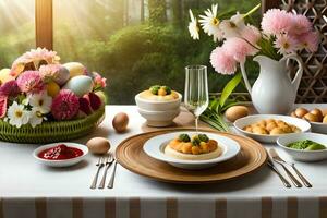 a table set with a basket of eggs, a plate of vegetables and a bowl of flowers. AI-Generated photo