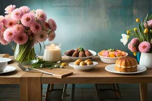 a table with flowers and cakes on it. AI-Generated photo