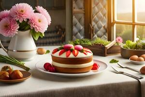 a cake with strawberries and strawberries on a table. AI-Generated photo