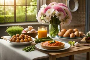 a table with eggs, vegetables and flowers. AI-Generated photo