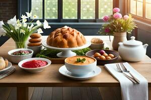 un mesa con comida y flores en él. generado por ai foto