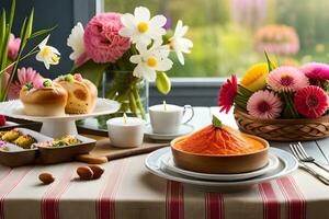 a table with a variety of food and flowers. AI-Generated photo