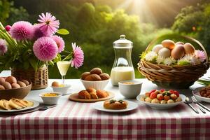 a table with eggs, bread, and other food. AI-Generated photo