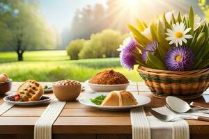 a table with food and flowers on it. AI-Generated photo