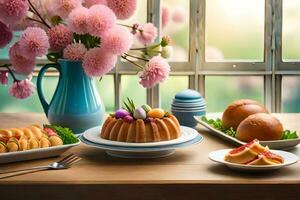 easter dinner with cakes and flowers. AI-Generated photo