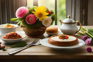 un mesa con un cuenco de alimento, flores y un florero. generado por ai foto