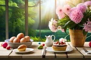 easter flowers, cake, cupcakes, and eggs on a table. AI-Generated photo