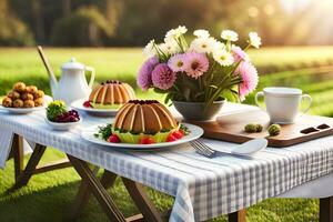 a picnic table with food and flowers on it. AI-Generated photo