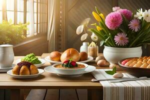 a table with food and flowers on it. AI-Generated photo