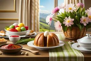 a table with a cake, eggs, and other food. AI-Generated photo