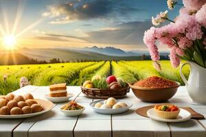 a table with food and flowers on it in front of a field. AI-Generated photo