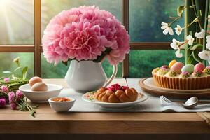 a table with flowers and cakes on it. AI-Generated photo