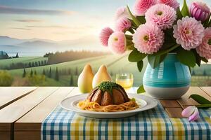 un plato con espaguetis y flores en un mesa. generado por ai foto