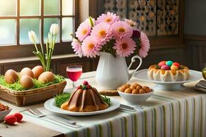 a table with eggs, cakes and flowers. AI-Generated photo