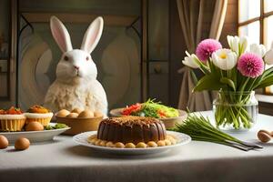 a rabbit sits at a table with food and flowers. AI-Generated photo