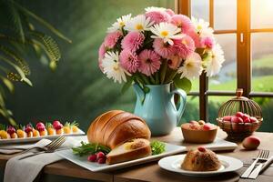 a table with flowers and bread on it. AI-Generated photo