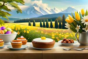 easter background with flowers, cakes and eggs. AI-Generated photo