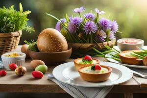 easter dinner with eggs, vegetables and flowers. AI-Generated photo