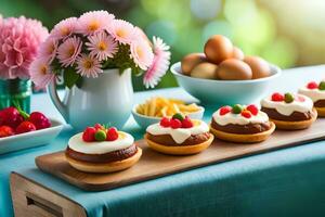 a table with several pastries and flowers. AI-Generated photo