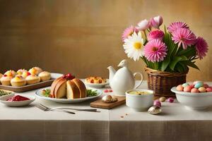 a table with cakes, cookies and flowers. AI-Generated photo
