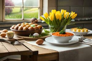 a table with a bowl of carrots, eggs and a vase of flowers. AI-Generated photo