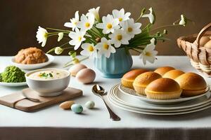 a table with a basket of eggs, bread and soup. AI-Generated photo