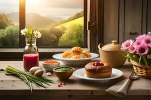 un mesa con comida y flores en él. generado por ai foto