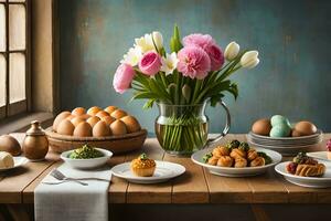 a table with eggs, bread, and flowers. AI-Generated photo