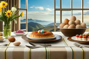 a table with eggs, strawberries and cake on it. AI-Generated photo