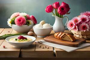 un mesa con flores, un pan y huevos. generado por ai foto