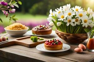 a table with food and flowers on it. AI-Generated photo