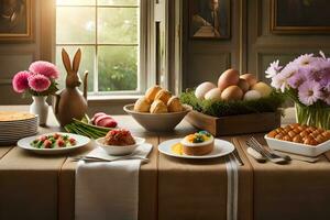 a table set with plates of food and flowers. AI-Generated photo