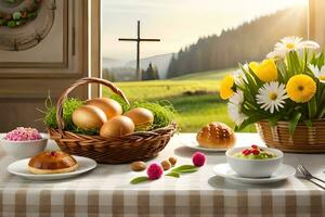 Pascua de Resurrección desayuno con flores y huevos. generado por ai foto