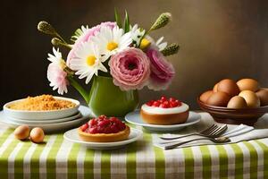 a table with a vase of flowers, eggs, and cakes. AI-Generated photo