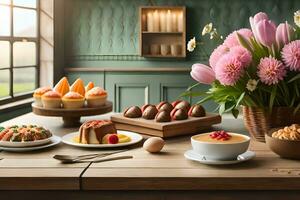 a table with various desserts and cakes. AI-Generated photo