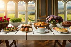 un mesa con comida y flores en él. generado por ai foto