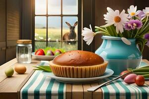 Pascua de Resurrección desayuno con Pascua de Resurrección huevos y flores en el mesa. generado por ai foto