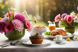 a table with flowers and food on it. AI-Generated photo