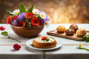 a table with a bowl of flowers and a plate of pastries. AI-Generated photo