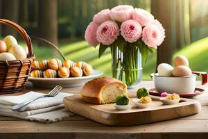 easter breakfast with flowers and bread. AI-Generated photo