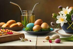 easter still life with eggs, flowers and bread. AI-Generated photo