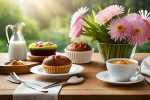 a table with cupcakes, muffins and flowers. AI-Generated photo