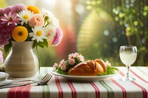 a table with a plate of food and flowers. AI-Generated photo