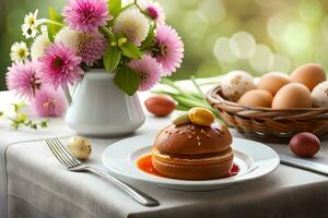 easter breakfast with eggs, bread and flowers. AI-Generated photo