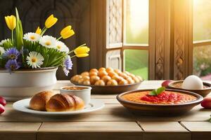 easter breakfast with flowers and eggs. AI-Generated photo